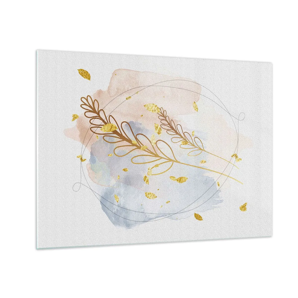 Cuadro sobre vidrio - Impresiones sobre Vidrio - Una delicada composición con ramitas y hojas doradas en acuarela. - 70x50cm - Ráfaga dorada - Decoración de pared moderna para salón y dormitorio ARTTOR