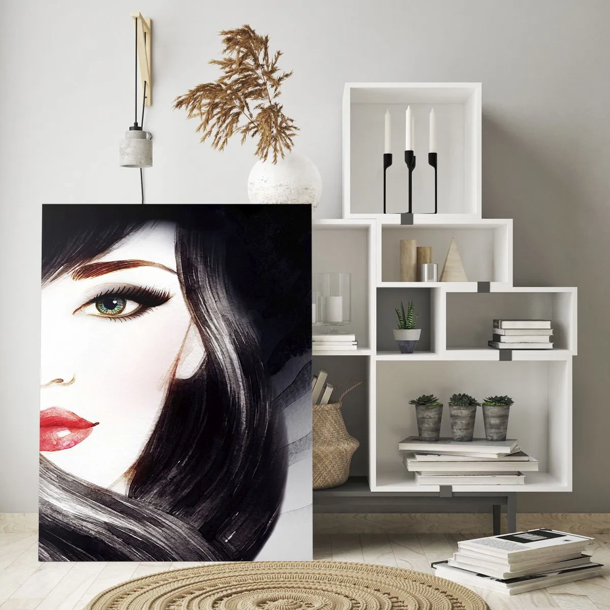 Cuadro sobre vidrio - Impresiones sobre Vidrio - Retrato de una mujer con cabello negro y labios rojos expresivos. - 50x70cm - Mirada de zafiro - Decoración de pared moderna para salón y dormitorio ARTTOR
