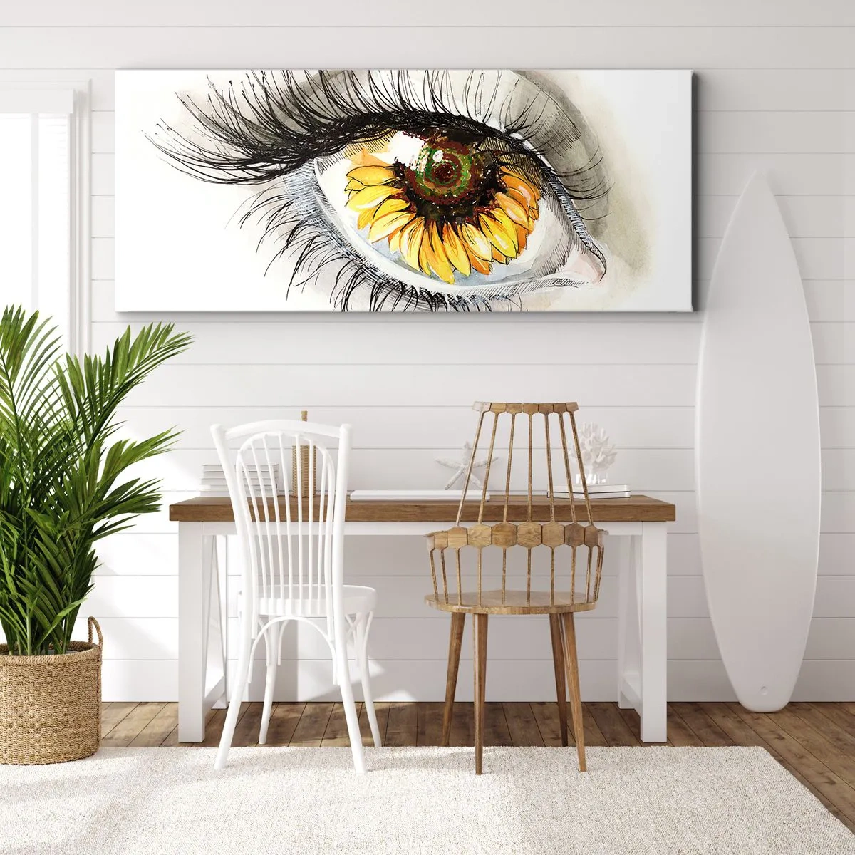 Cuadro sobre lienzo - Impresión de Imagen - Ojo artístico con iris en forma de girasol. - 160x50cm - Un aspecto tan caluroso como el verano - Decoración de pared moderna para salón y dormitorio ARTTOR