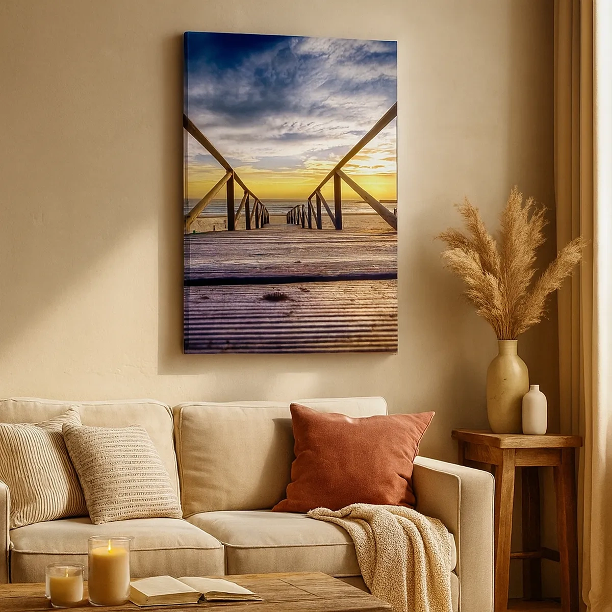 Cuadro sobre lienzo - Impresión de Imagen - Muelle de madera que conduce a la playa al atardecer - 50x70cm - Directamente hacia una playa tranquila al atardecer - Decoración de pared moderna para salón y dormitorio ARTTOR