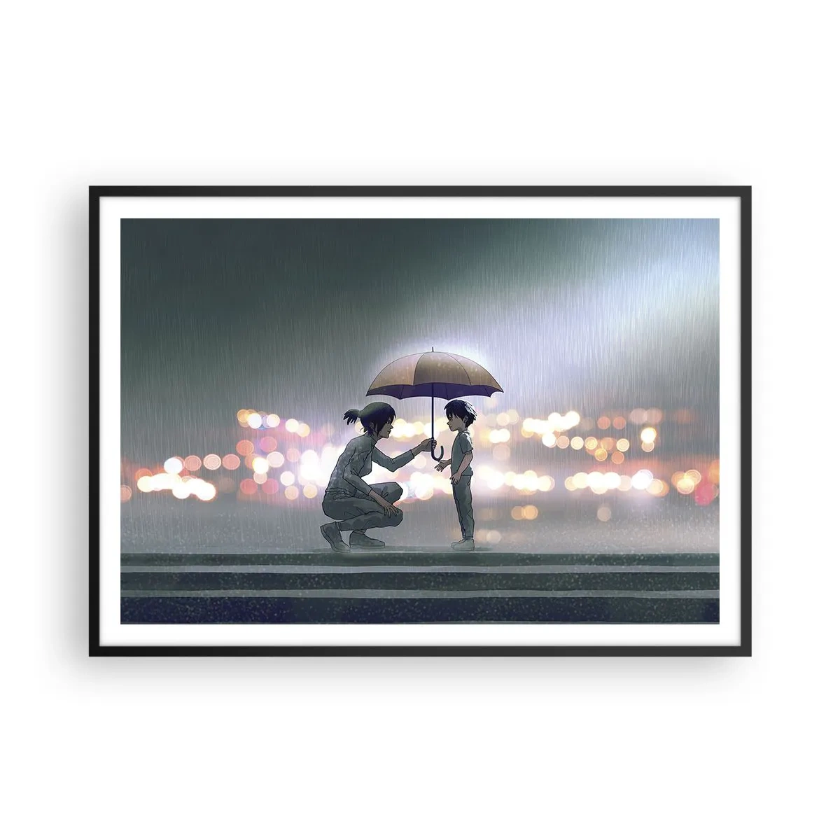 Póster en marco negro - Una figura con un paraguas protegiendo a un niño contra el fondo de luces nocturnas. - 100x70cm - Y todo está bien - Decoración de pared moderna para salón y dormitorio ARTTOR