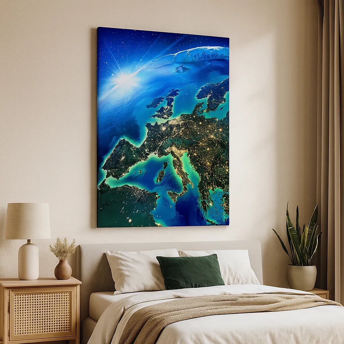 Cuadro sobre lienzo - Impresión de Imagen - Una vista de Europa desde el espacio bajo el resplandor del sol naciente. - 50x70cm - Una Europa resplandeciente - Decoración de pared moderna para salón y dormitorio ARTTOR