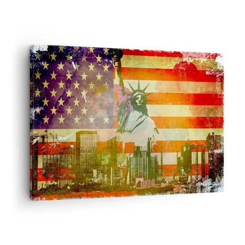 Cuadro sobre lienzo - Impresión de Imagen - La Estatua de la Libertad con la bandera estadounidense como telón de fondo y el horizonte de la ciudad. - 70x50cm - ¡Viva América! - Decoración de pared moderna para salón y dormitorio ARTTOR