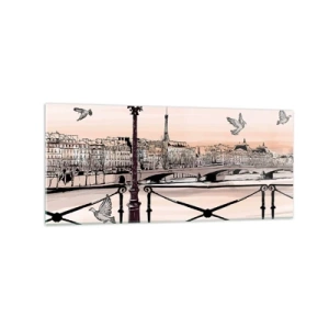 Cuadro sobre vidrio - Impresiones sobre Vidrio - Vista parisina con una linterna y un puente. - 120x50cm - Sobre los tejados de París - Decoración de pared moderna para salón y dormitorio ARTTOR