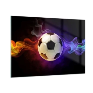 Cuadro sobre vidrio - Impresiones sobre Vidrio - Un balón de fútbol rodeado de rayas de colores. - 100x70cm - El poder mágico del juego - Decoración de pared moderna para salón y dormitorio ARTTOR
