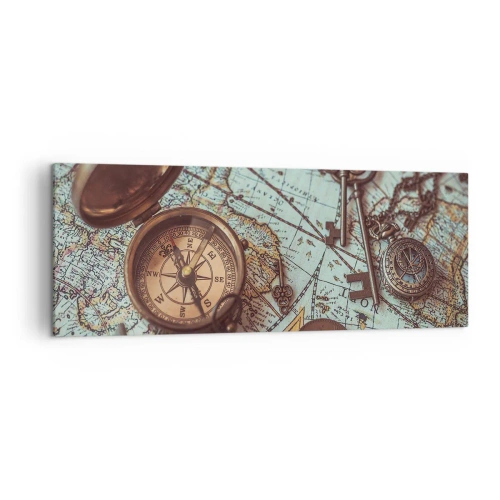 Cuadro sobre lienzo - Impresión de Imagen - Composición con brújula, llaves y un mapa antiguo en estilo retro - 140x50cm - Para el aventurero - Decoración de pared moderna para salón y dormitorio ARTTOR