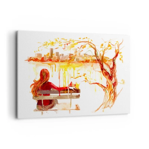 Cuadro sobre lienzo - Impresión de Imagen - Escena de acuarela de una mujer en un banco con vistas a la ciudad. - 120x80cm - Un momento de reflexión - Decoración de pared moderna para salón y dormitorio ARTTOR