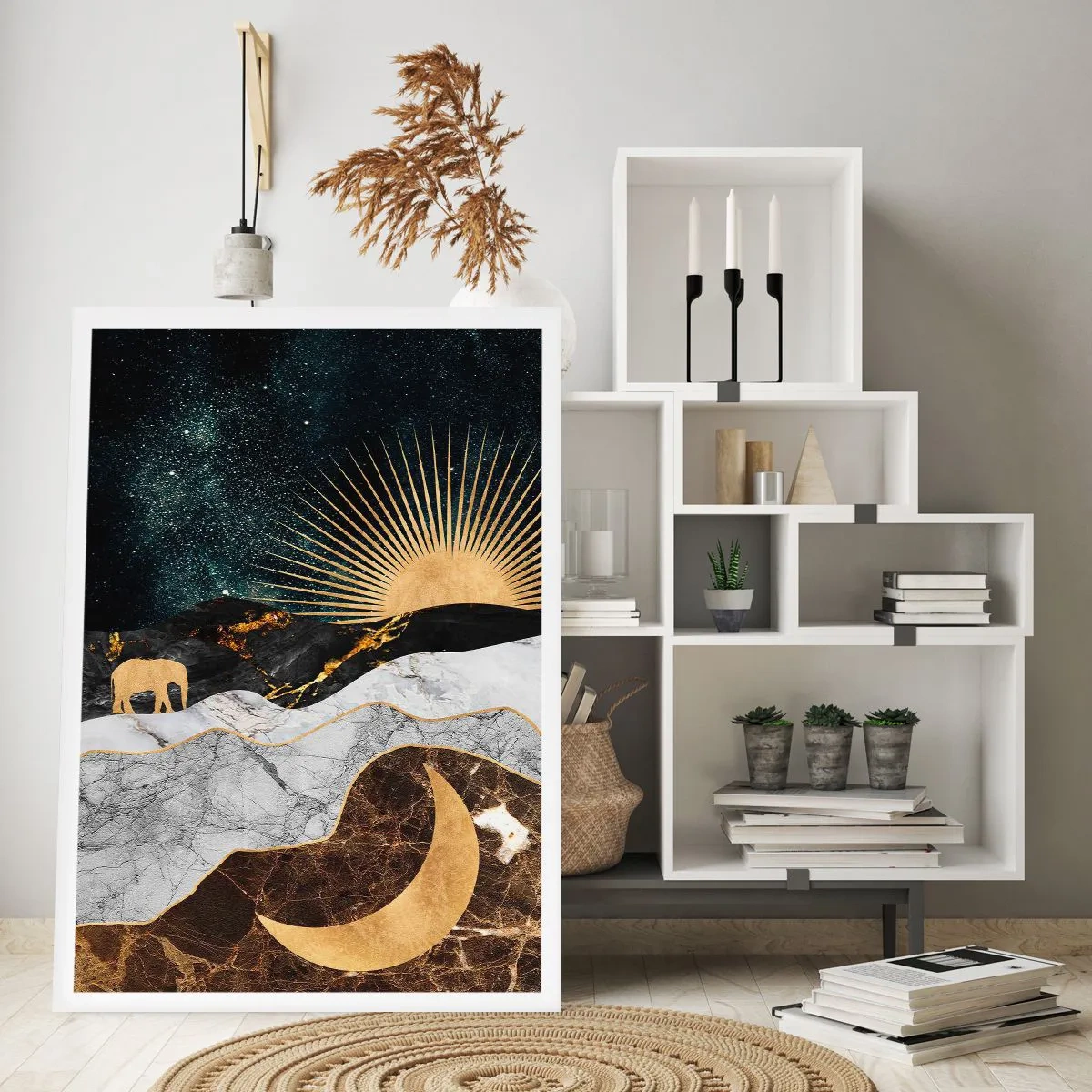 Póster - Paisaje dorado con la luna, el sol y la silueta de un elefante. - 50x70cm - Leyes eternas - Decoración de pared moderna para salón y dormitorio ARTTOR