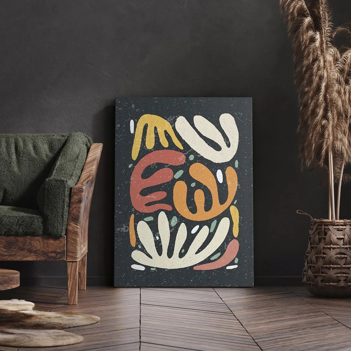 Cuadro sobre lienzo - Impresión de Imagen - Formas abstractas en colores cálidos sobre un fondo oscuro. - 50x70cm - Composición - Estoy a punto de atraparte - Decoración de pared moderna para salón y dormitorio ARTTOR