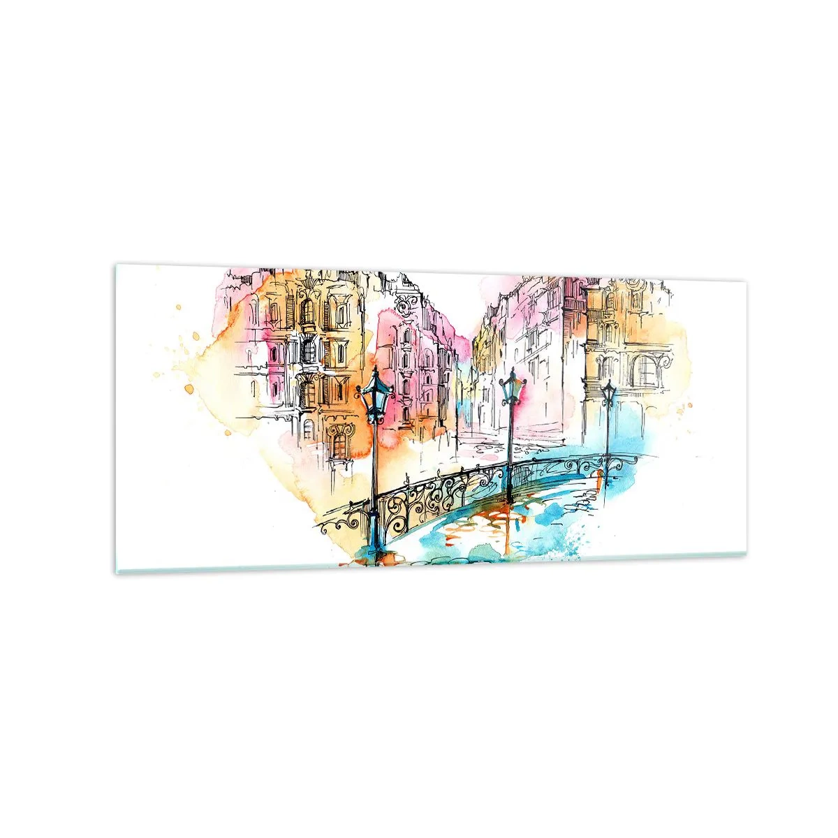 Cuadro sobre vidrio - Impresiones sobre Vidrio - Acuarela de un puente y casas de vecindad en forma de corazón - 120x50cm - El corazón de la ciudad - Decoración de pared moderna para salón y dormitorio ARTTOR