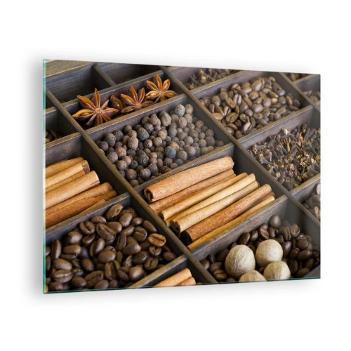 Cuadro sobre vidrio - Impresiones sobre Vidrio - Especias en compartimentos de madera - 70x50cm - Un tesoro de aromas - Decoración de pared moderna para salón y dormitorio ARTTOR