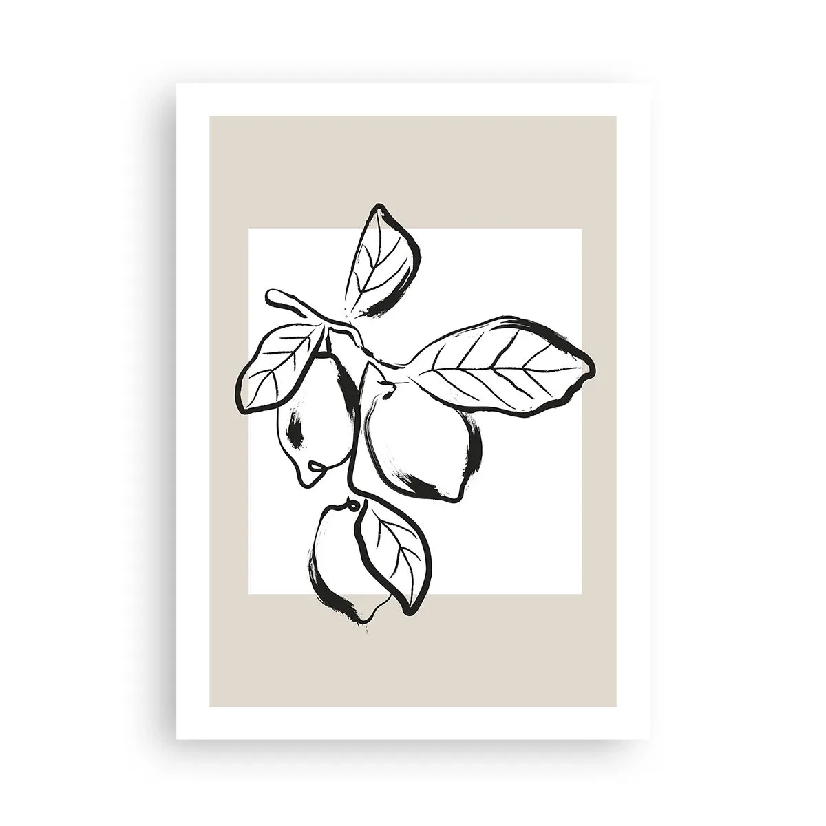 Póster - Una ilustración minimalista de una rama de limón en estilo blanco y negro. - 50x70cm - Donde el limón madura... - Decoración de pared moderna para salón y dormitorio ARTTOR