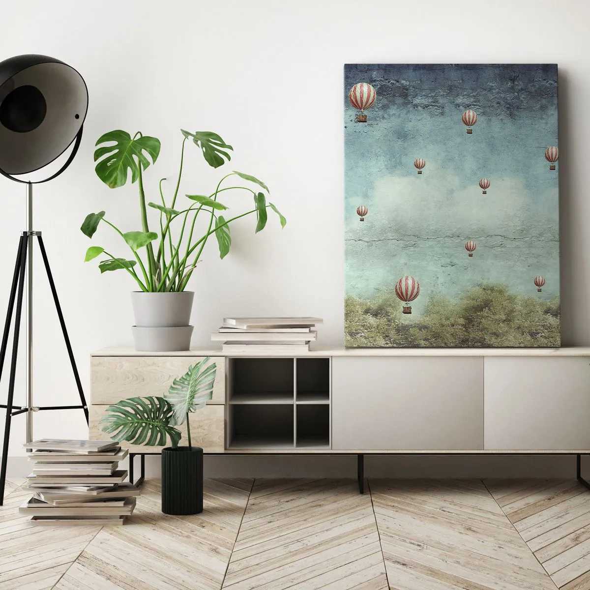 Cuadro sobre lienzo - Impresión de Imagen - Globos retro contra un cielo azul y un fondo verde. - 50x70cm - Libre del ajetreo de la vida - Decoración de pared moderna para salón y dormitorio ARTTOR