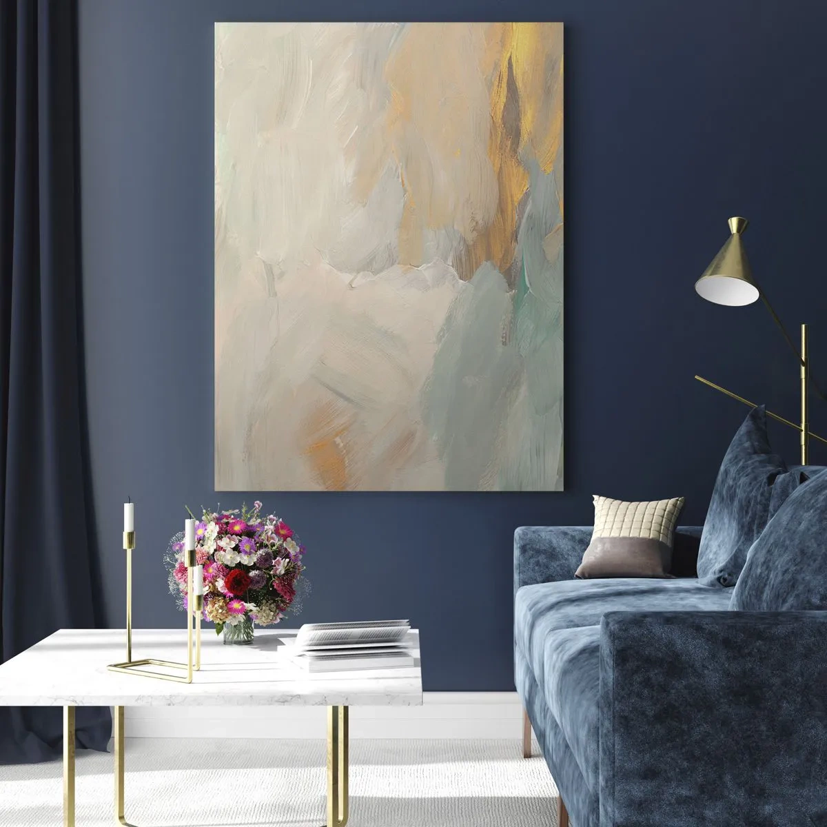 Cuadro sobre vidrio - Impresiones sobre Vidrio - Delicados trazos abstractos en tonos blancos y dorados. - 80x120cm - Abstracción - una tierra de dulzura - Decoración de pared moderna para salón y dormitorio ARTTOR