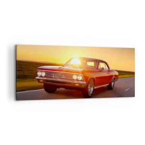 Cuadro sobre lienzo - Impresión de Imagen - Un coche rojo al atardecer en una carretera abierta. - 120x50cm - El deseo es rojo - Decoración de pared moderna para salón y dormitorio ARTTOR