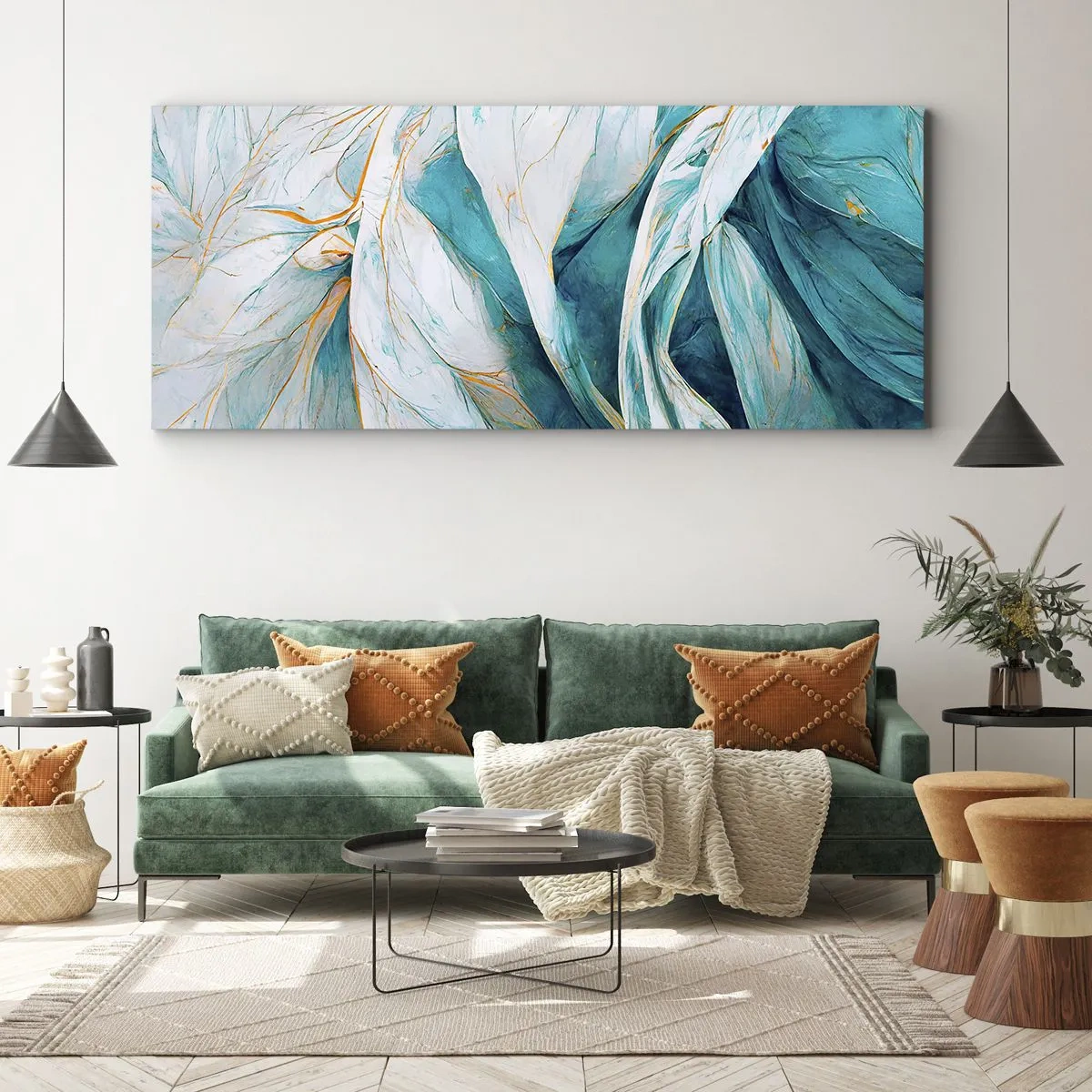 Cuadro sobre lienzo - Impresión de Imagen - Abstracción azul con motivos dorados - 100x40 cm