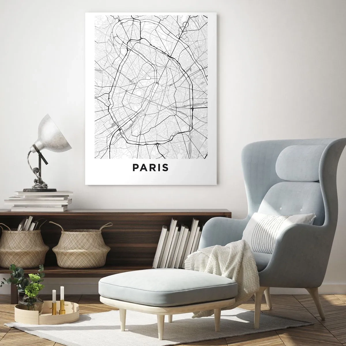 Cuadro sobre vidrio - Impresiones sobre Vidrio - Mapa de la ciudad en blanco y negro con cuadrícula de calles y arterias circulares - 50x70cm - Flor de París - Decoración de pared moderna para salón y dormitorio ARTTOR