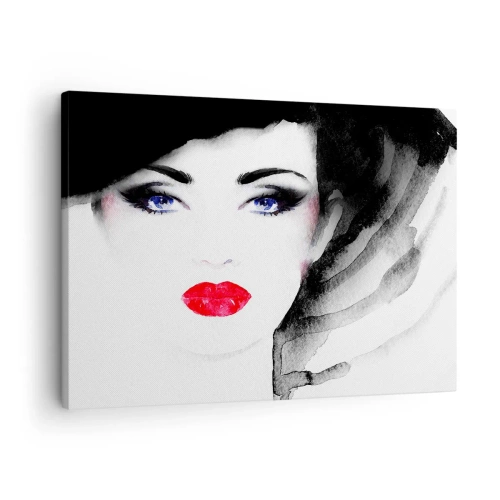 Cuadro sobre lienzo - Impresión de Imagen - Retrato de una mujer con labios rojos y ojos azules intensos. - 70x50cm - Lenguaje no verbal - Decoración de pared moderna para salón y dormitorio ARTTOR