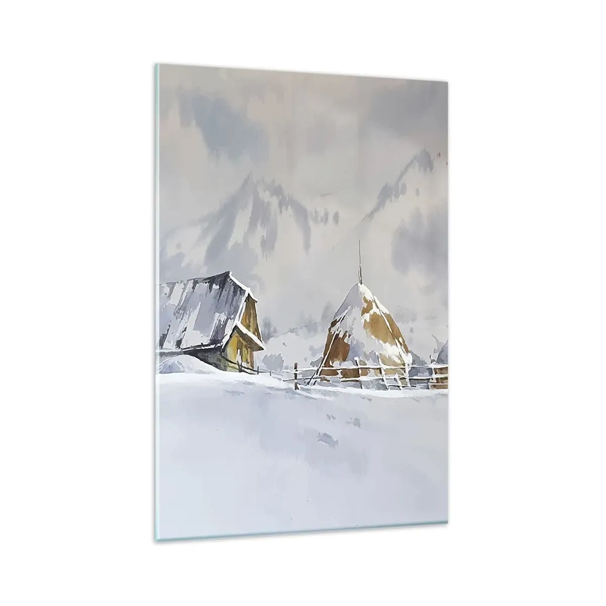 Cuadro sobre vidrio - Impresiones sobre Vidrio - Paisaje invernal con una cabaña y pajares en las montañas - 80x120cm - En un valle nevado - Decoración de pared moderna para salón y dormitorio ARTTOR