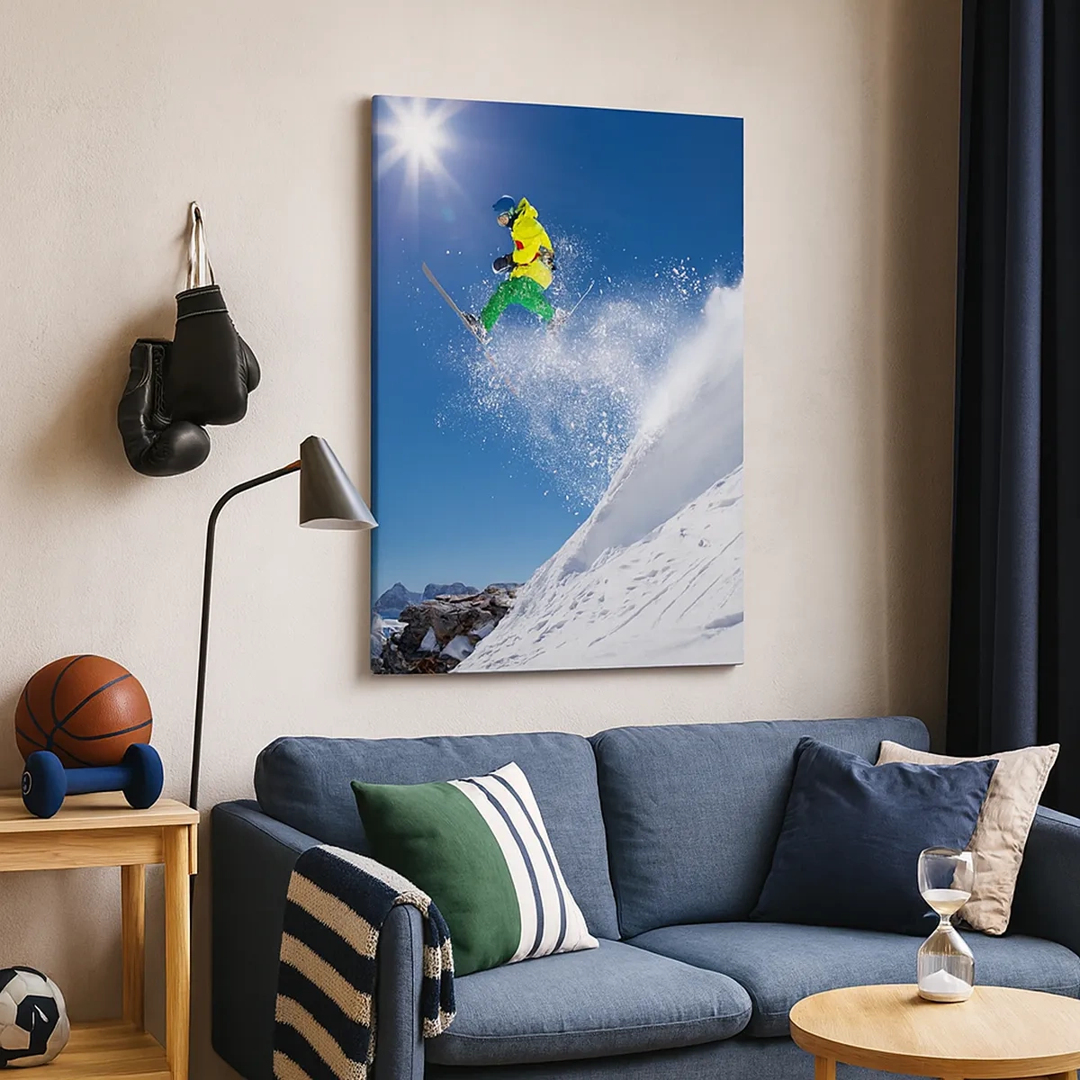 Cuadro sobre lienzo - Impresión de Imagen - Esquiador en el aire con montañas al fondo - 50x70cm - Bailando con las montañas - Decoración de pared moderna para salón y dormitorio ARTTOR