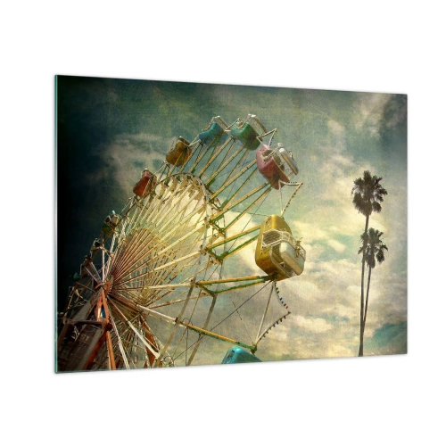 Cuadro sobre vidrio - Impresiones sobre Vidrio - Una noria contra el cielo y palmeras en estilo retro. - 70x50cm - Será, será un día estupendo.... - Decoración de pared moderna para salón y dormitorio ARTTOR