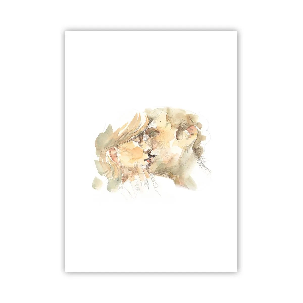 Póster - Un delicado retrato en acuarela de una pareja en un tierno beso. - 50x70cm - ¿La media naranja encontrada? - Decoración de pared moderna para salón y dormitorio ARTTOR