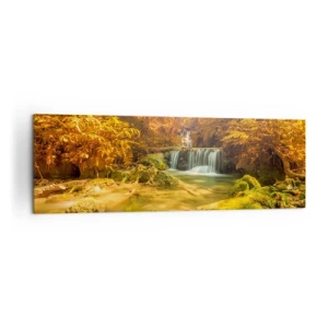 Cuadro sobre lienzo - Impresión de Imagen - Una cascada dorada en un bosque otoñal rodeado de vegetación. - 160x50cm - Cascada forestal en oro - Decoración de pared moderna para salón y dormitorio ARTTOR
