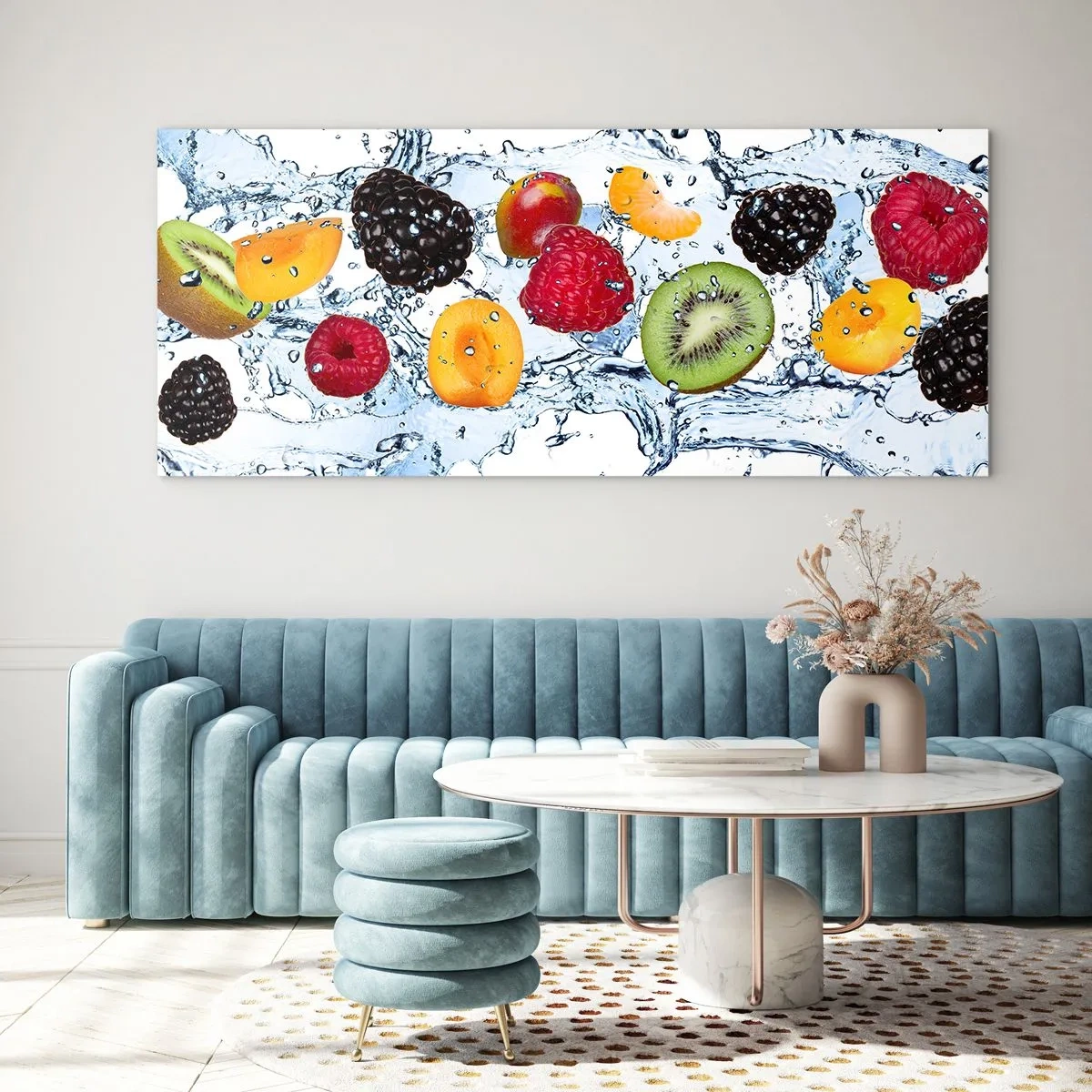 Cuadro sobre vidrio - Impresiones sobre Vidrio - Frutas coloridas sumergidas en salpicaduras de agua sobre un fondo blanco - 120x50cm - Juega con nosotros - Decoración de pared moderna para salón y dormitorio ARTTOR
