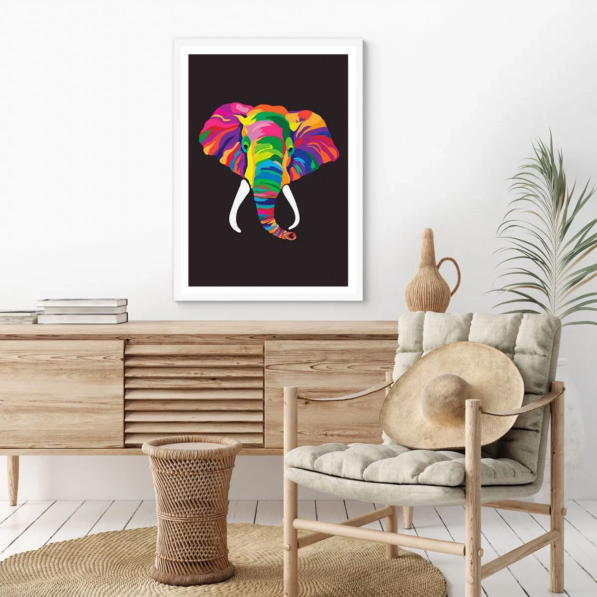 Póster en marco blanco - El elefante al que le gustaba bañarse en el arco iris - 30x40 cm