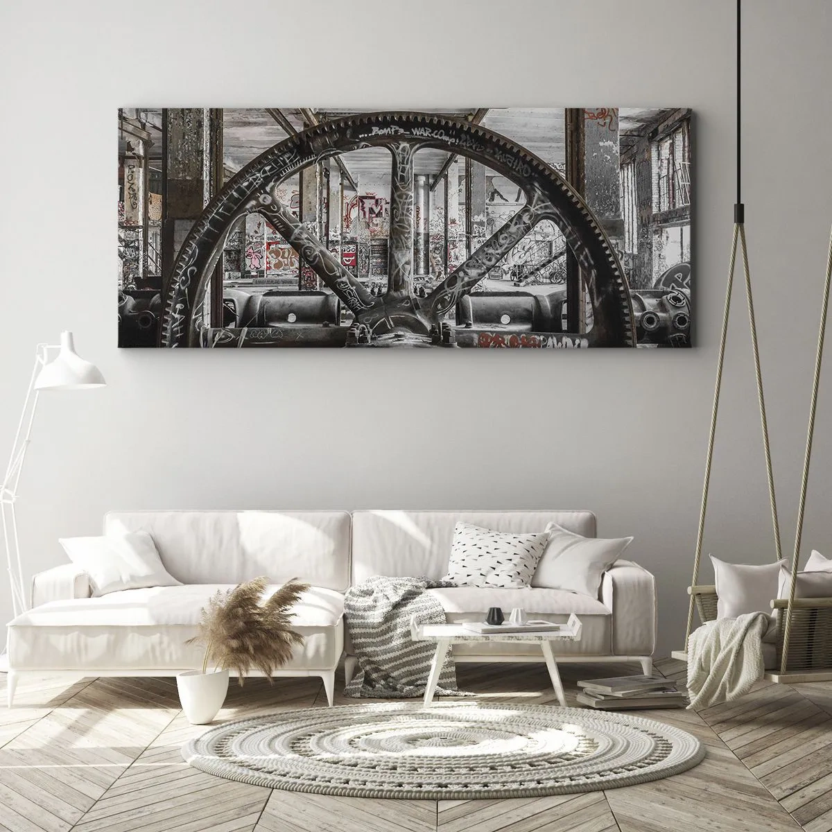 Cuadro sobre lienzo - Impresión de Imagen - Un antiguo mecanismo en un interior industrial abandonado. - 160x50cm - La vida secreta de una fábrica - Decoración de pared moderna para salón y dormitorio ARTTOR