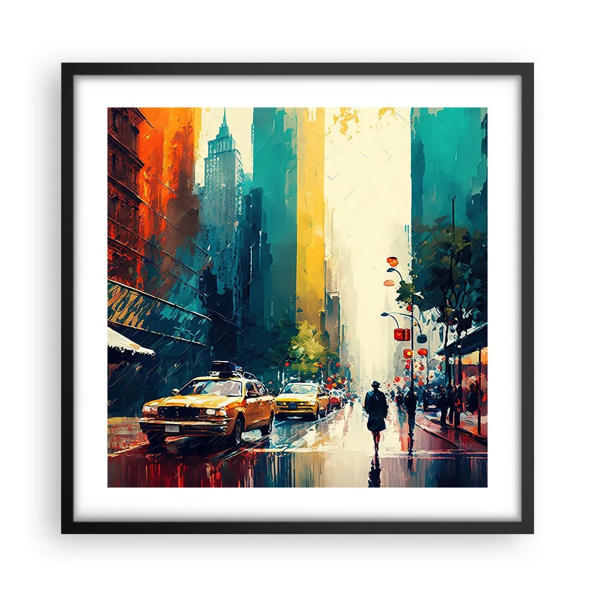 Póster en marco negro - Nueva York - hasta la lluvia es colorida - 50x50 cm