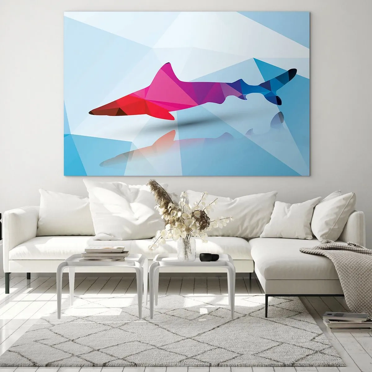 Cuadro sobre vidrio - Impresiones sobre Vidrio - Tiburón geométrico en tonos rojos y azules. - 70x50cm - Tiburón en espacio cristalino - Decoración de pared moderna para salón y dormitorio ARTTOR