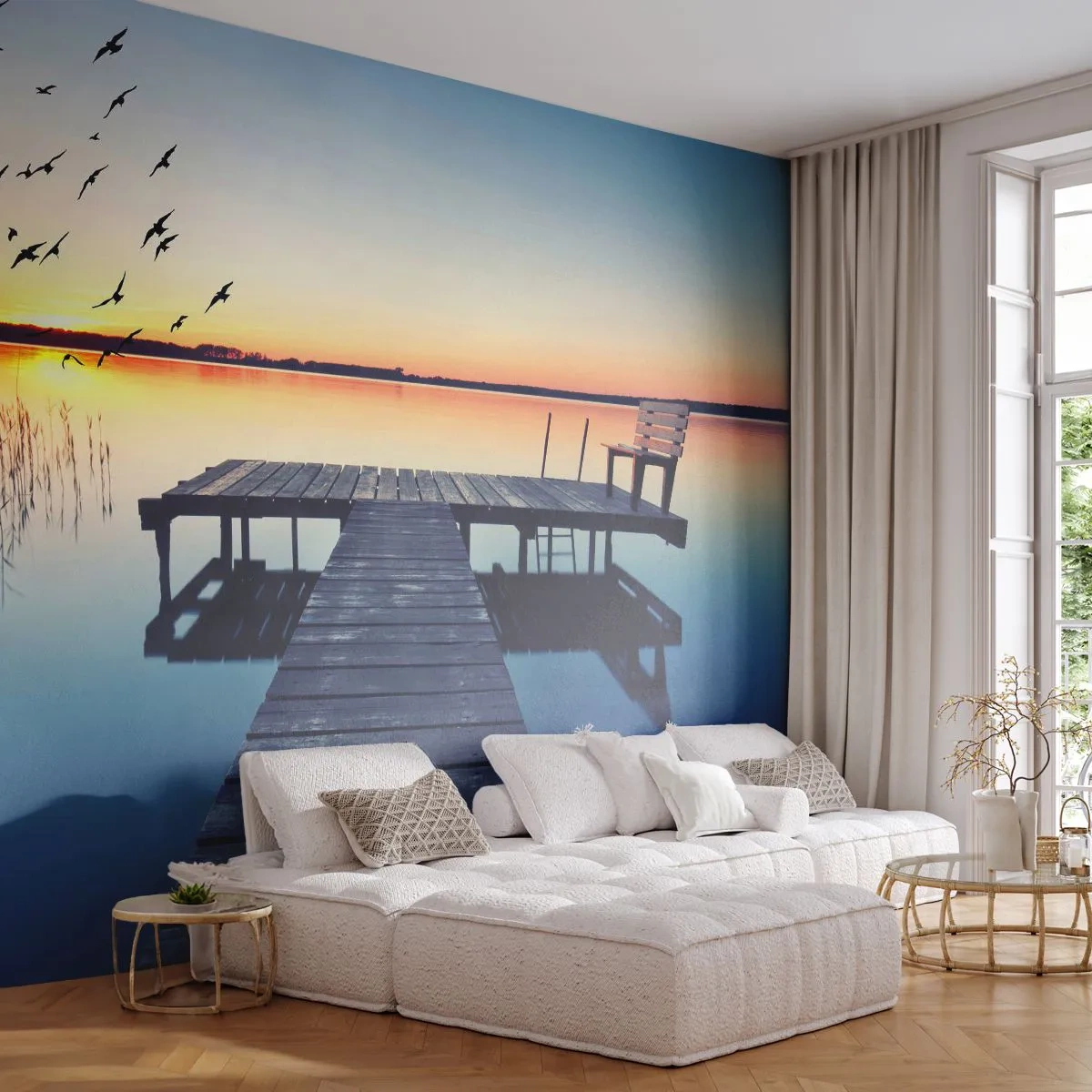 Fotomural Premium Sand - Fue un buen día - Paisaje, Lago, Puente de madera - 100x70 cm