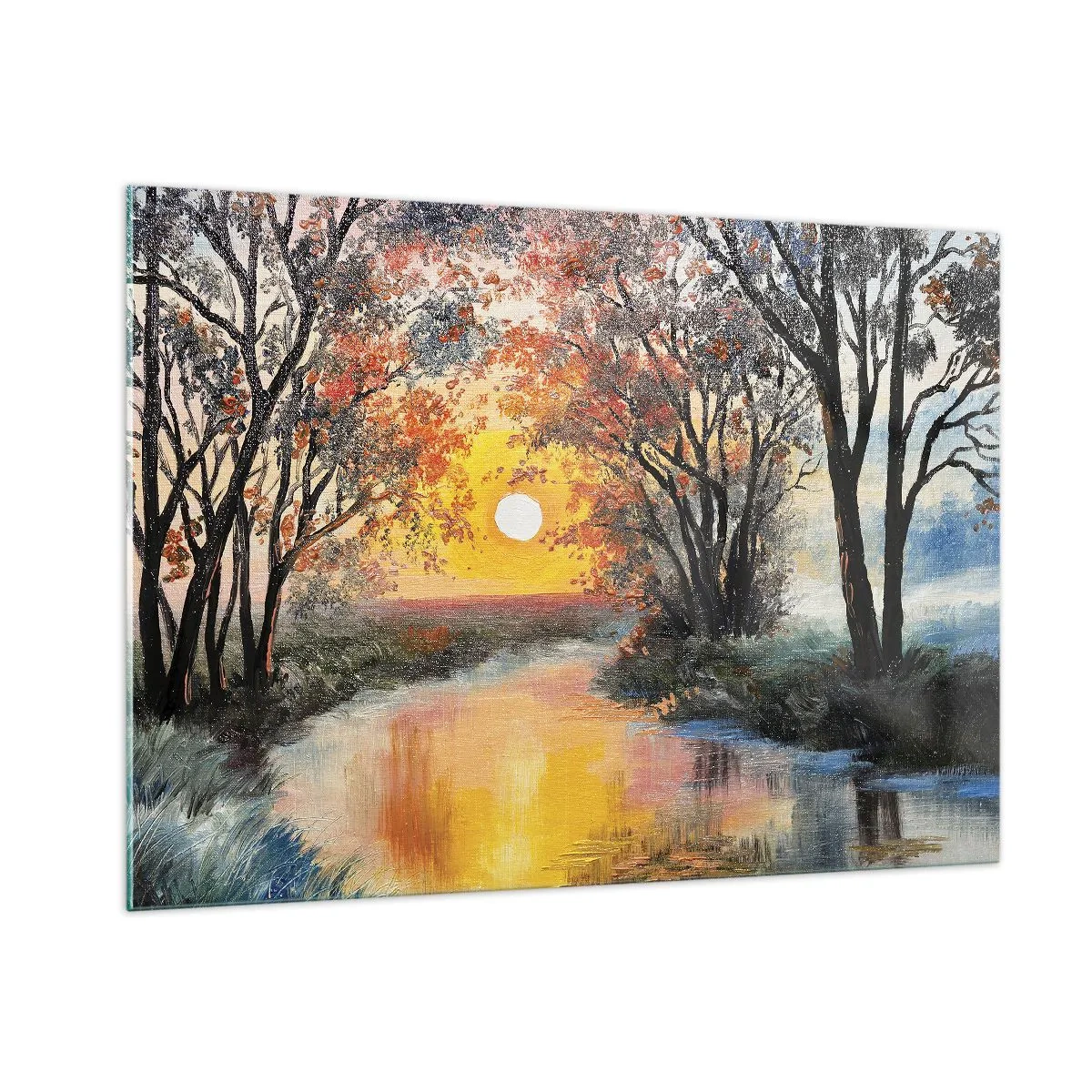 Cuadro sobre vidrio - Impresiones sobre Vidrio - Puesta de sol sobre el río entre los árboles. - 100x70cm - Ambiente otoñal - Decoración de pared moderna para salón y dormitorio ARTTOR