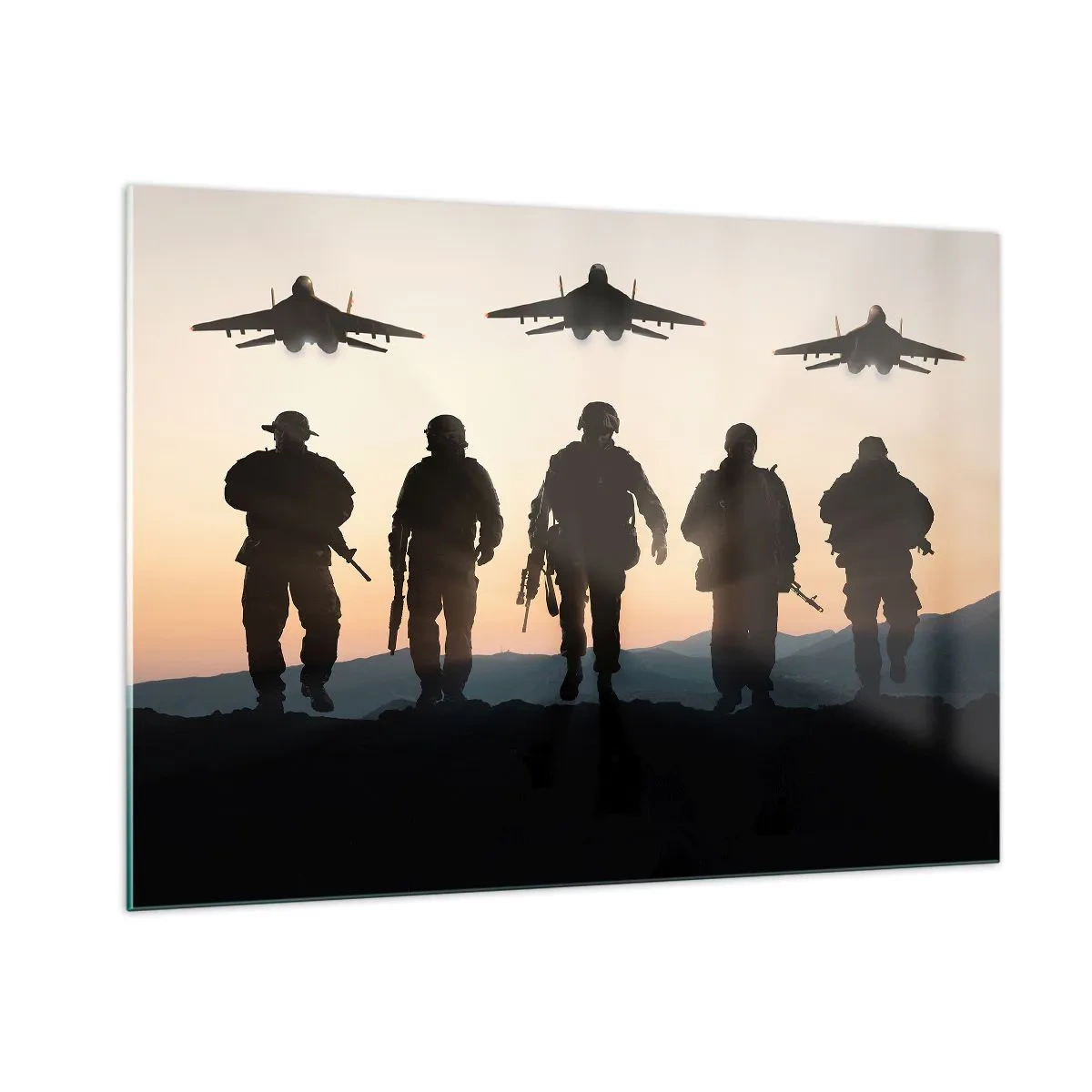 Cuadro sobre vidrio - Impresiones sobre Vidrio - Soldados con el sol poniente y los aviones como telón de fondo - 100x70cm - Bienvenido a nuestro mundo - Decoración de pared moderna para salón y dormitorio ARTTOR