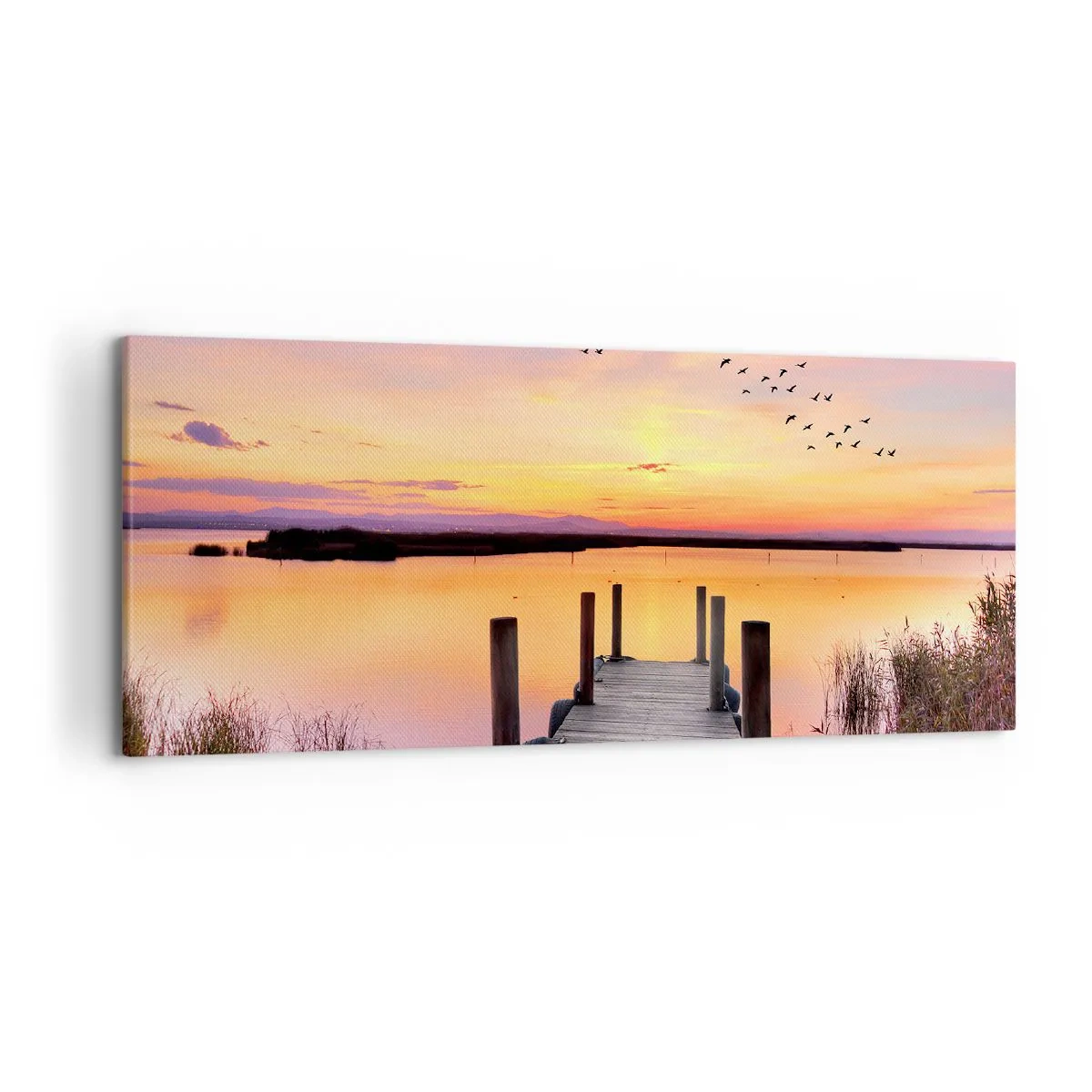 Cuadro sobre lienzo - Impresión de Imagen - Un muelle en un lago al atardecer con pájaros en el cielo. - 120x50cm - Violeta amanecer silencioso - Decoración de pared moderna para salón y dormitorio ARTTOR