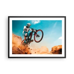 Póster en marco negro - Un ciclista de montaña realiza un salto con un telón de fondo de rocas. - 70x50cm - Locura sobre dos ruedas - Decoración de pared moderna para salón y dormitorio ARTTOR