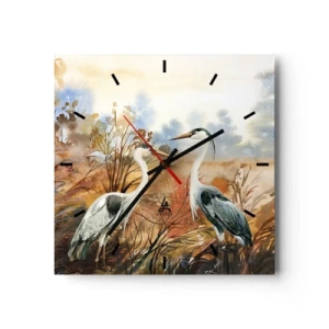 Reloj de pared - Reloj de vidrio - Dos garzas sobre el fondo de un paisaje otoñal. - 30x30cm - ¿A dónde nos dirigimos en otoño? - Decoración de pared moderna para salón y dormitorio ARTTOR