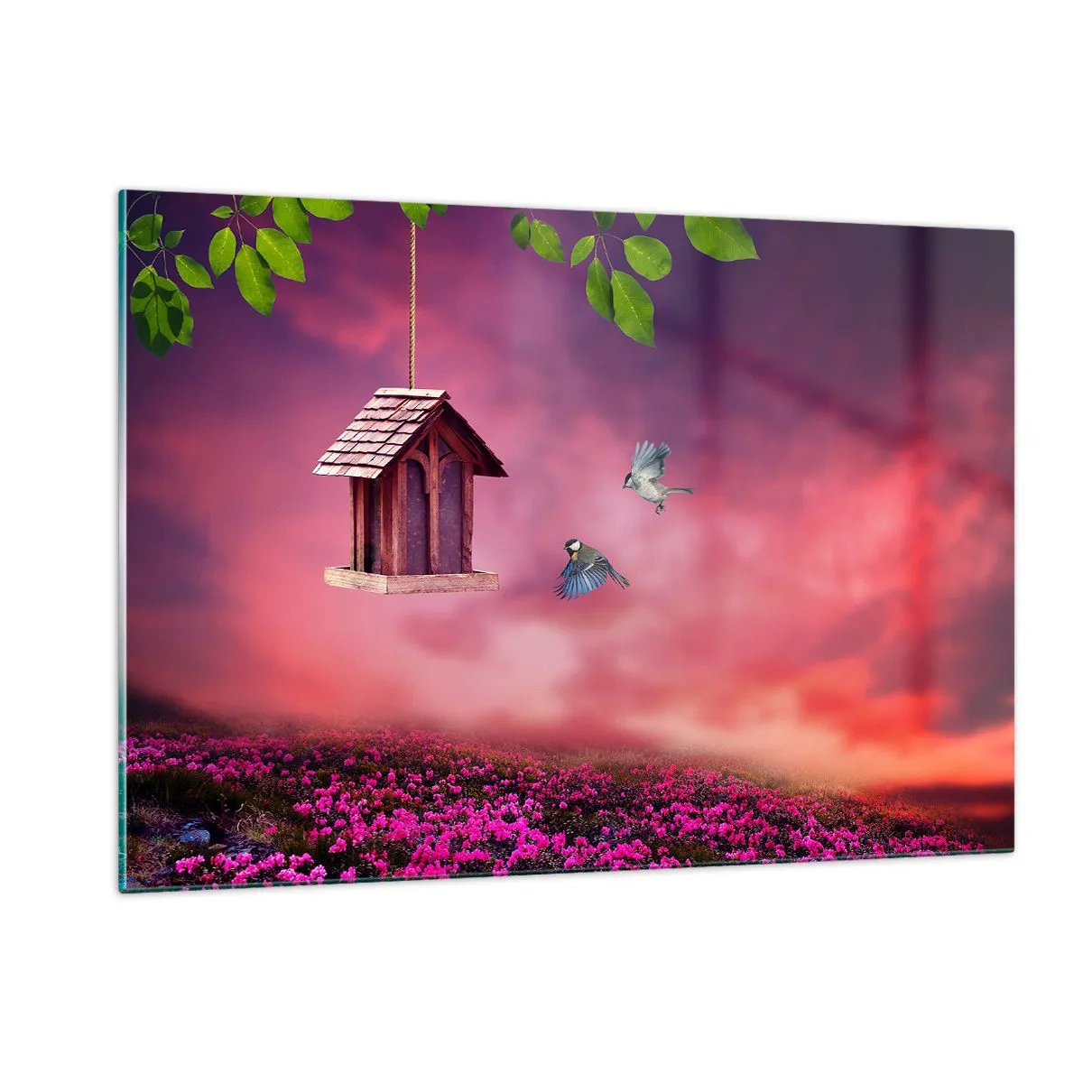 Cuadro sobre vidrio - Impresiones sobre Vidrio - Un comedero para pájaros contra un cielo rosado. - 120x80cm - Invitación a una cena - Decoración de pared moderna para salón y dormitorio ARTTOR