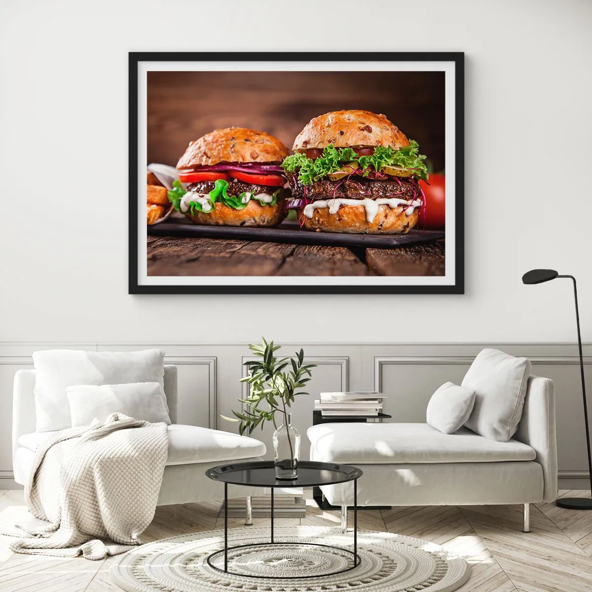 Póster en marco negro - Deliciosas hamburguesas con verduras y salsa. - 70x50cm - El sueño americano - Decoración de pared moderna para salón y dormitorio ARTTOR