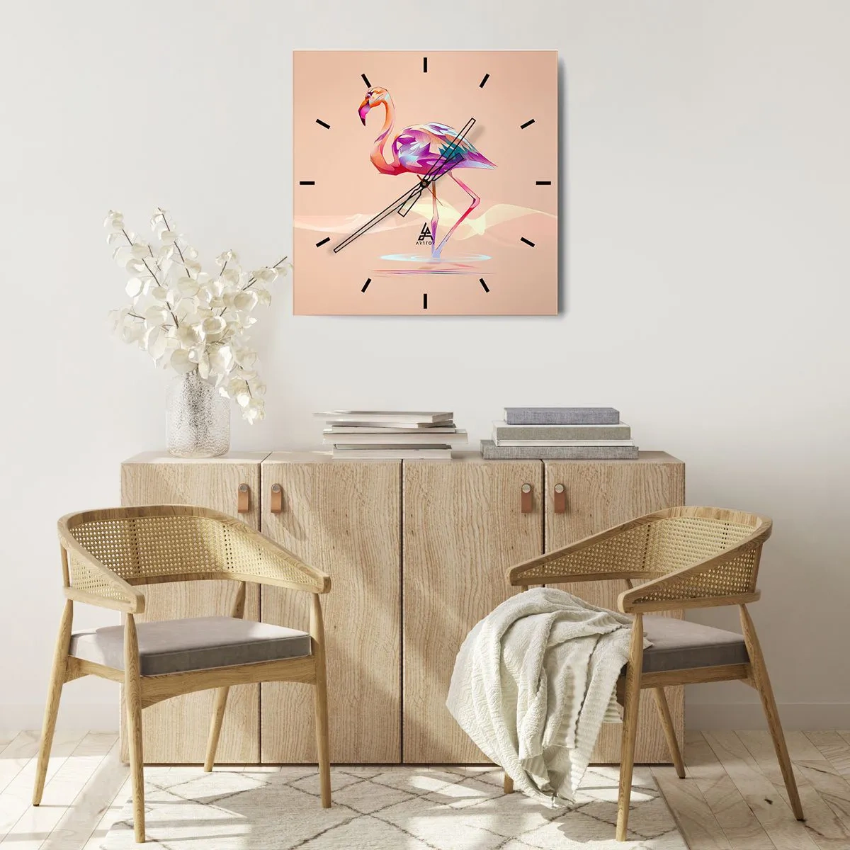 Reloj de pared - Reloj de vidrio - Un flamenco abstracto en colores pastel claros. - 30x30cm - Pájaro de las buenas emociones - Decoración de pared moderna para salón y dormitorio ARTTOR