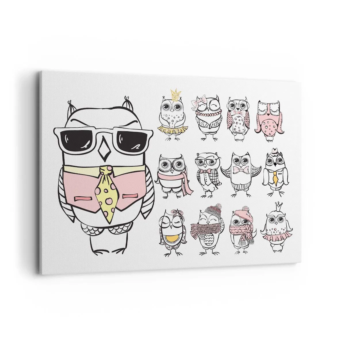 Cuadro sobre lienzo - Impresión de Imagen - Búhos en diferentes estilos y ropas. - 120x80cm - Tantos papeles que desempeñar - Decoración de pared moderna para salón y dormitorio ARTTOR