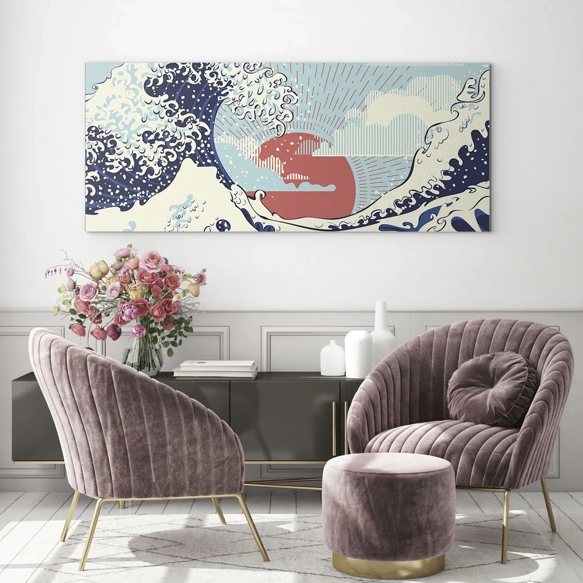 Cuadro sobre vidrio - Impresiones sobre Vidrio - Olas del océano y una puesta de sol al estilo japonés - 160x50cm - De inspiración japonesa - Decoración de pared moderna para salón y dormitorio ARTTOR