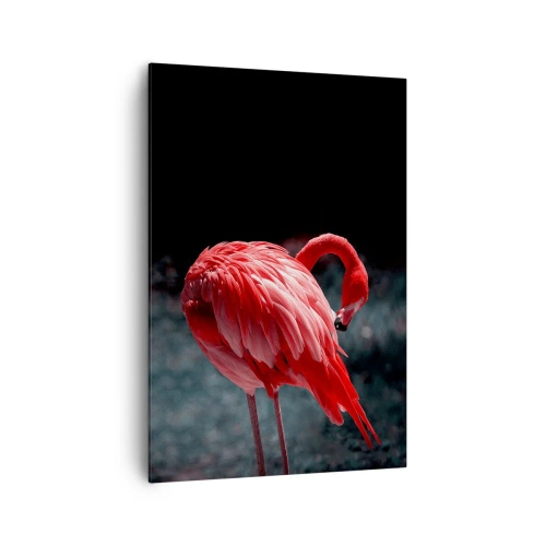 Cuadro sobre lienzo - Impresión de Imagen - Un flamenco rosa sobre un fondo verde oscuro. - 70x100cm - Un poema carmesí de la naturaleza - Decoración de pared moderna para salón y dormitorio ARTTOR