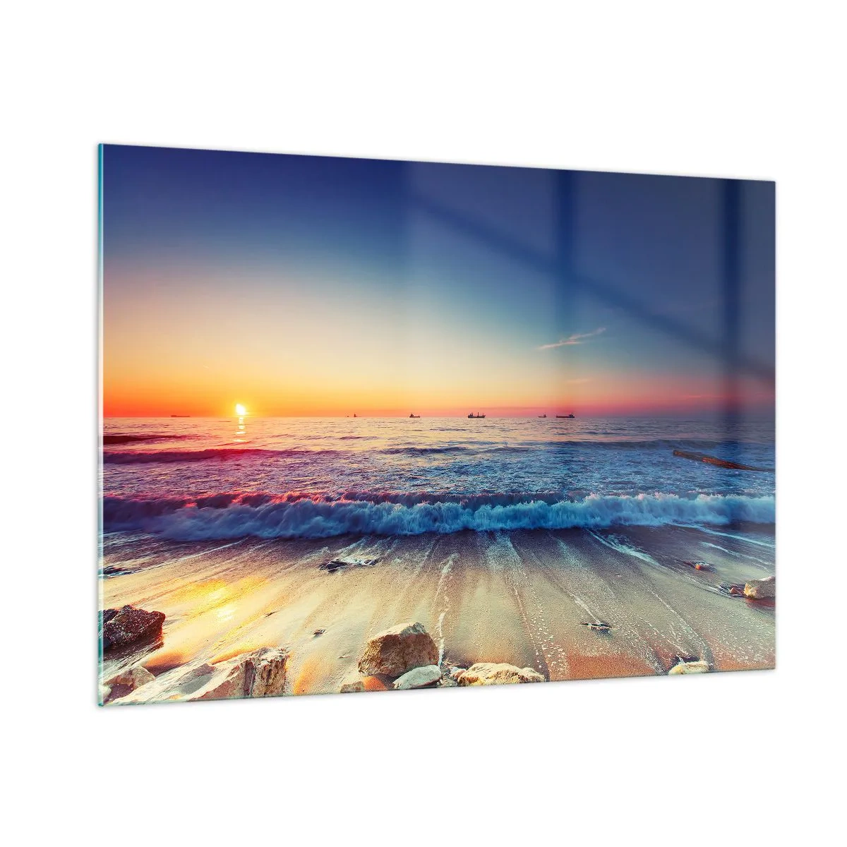 Cuadro sobre vidrio - Impresiones sobre Vidrio - Puesta de sol sobre la playa con suaves olas y un mar en calma. - 100x70cm - ¿Y qué hay tras el horizonte? - Decoración de pared moderna para salón y dormitorio ARTTOR