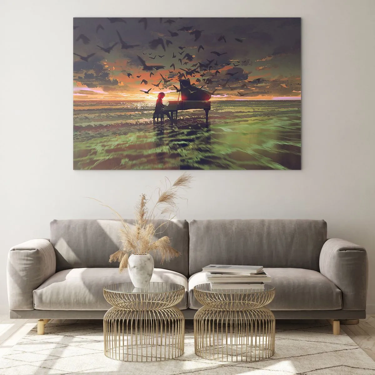Cuadro sobre vidrio - Impresiones sobre Vidrio - Pianista tocando el piano en la playa al atardecer - 100x70cm - Concierto de piano y olas - Decoración de pared moderna para salón y dormitorio ARTTOR