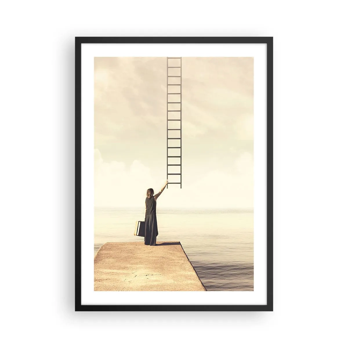 Póster en marco negro - Una mujer en un muelle alcanzando una escalera que conduce al cielo. - 50x70cm - Un viaje mágico - Decoración de pared moderna para salón y dormitorio ARTTOR
