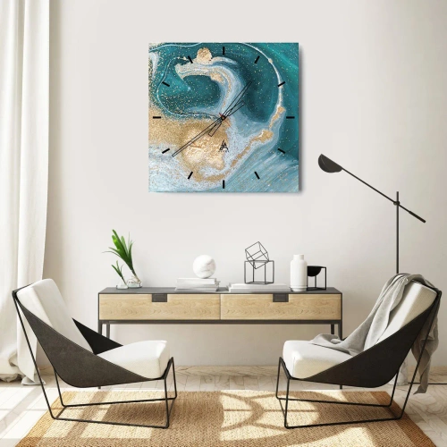 Reloj de pared - Reloj de vidrio - Un remolino de oro y turquesa - 40x40 cm