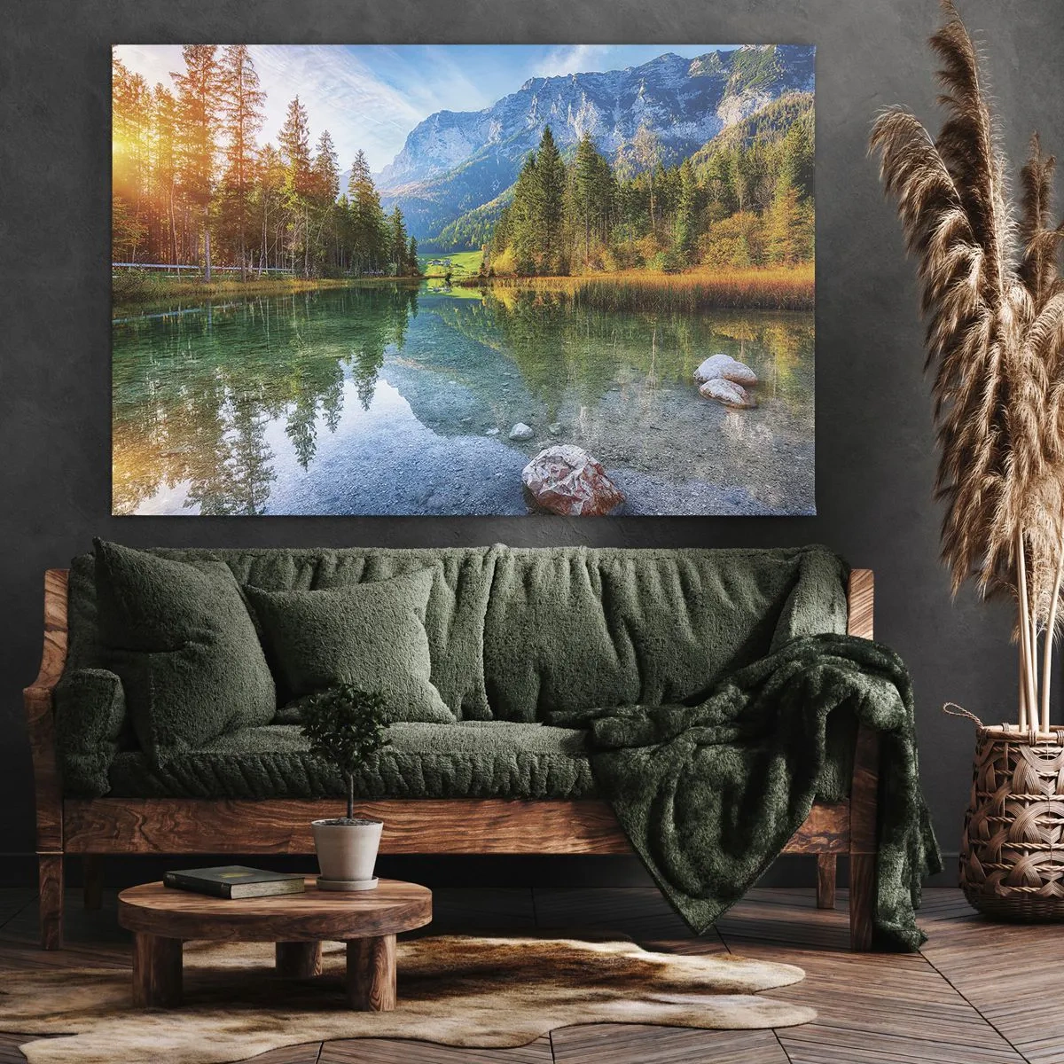 Cuadro sobre lienzo - Impresión de Imagen - Un pintoresco lago rodeado de montañas y bosques. - 120x80cm - La dulzura del otoño - Decoración de pared moderna para salón y dormitorio ARTTOR
