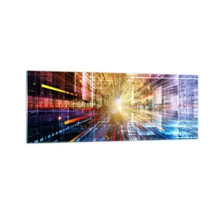 Cuadro sobre vidrio - Impresiones sobre Vidrio - Luces dinámicas en un pasillo futurista - 140x50cm - Un pasillo luminoso - Decoración de pared moderna para salón y dormitorio ARTTOR